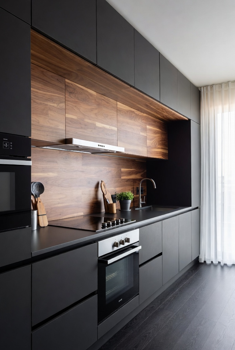 Nowoczesna kuchnia czarna z drewnem