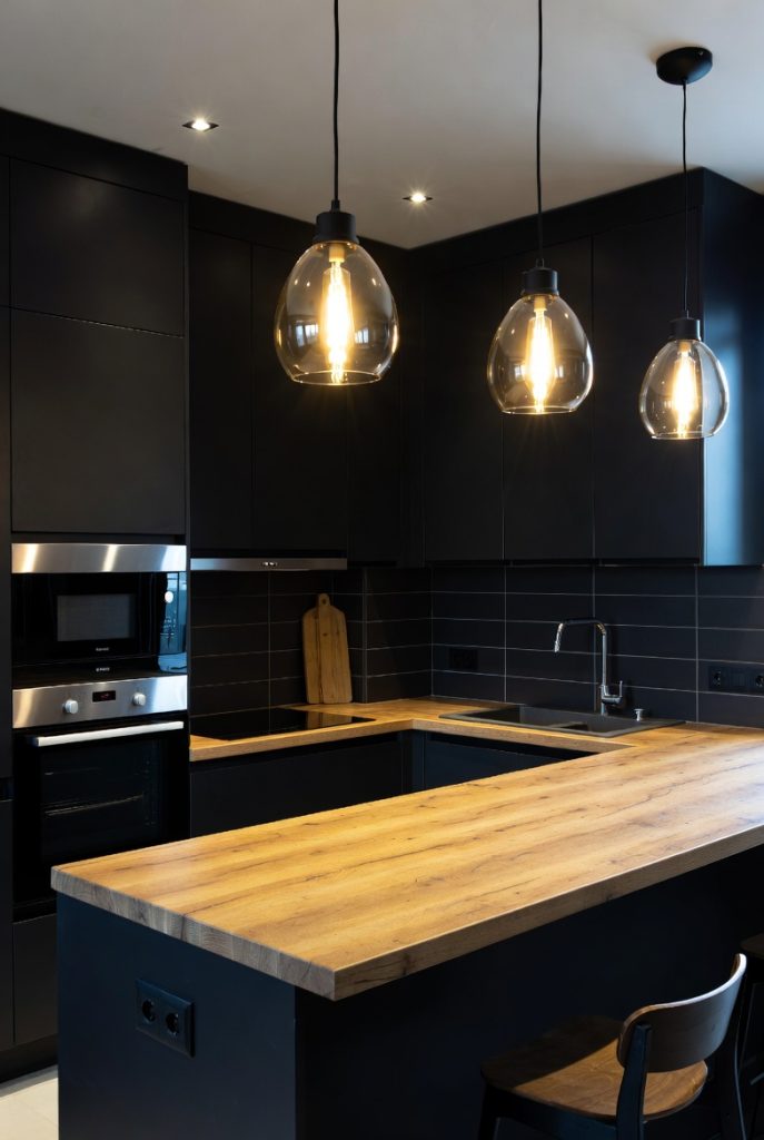 Nowoczesna kuchnia czarna z drewnem 2