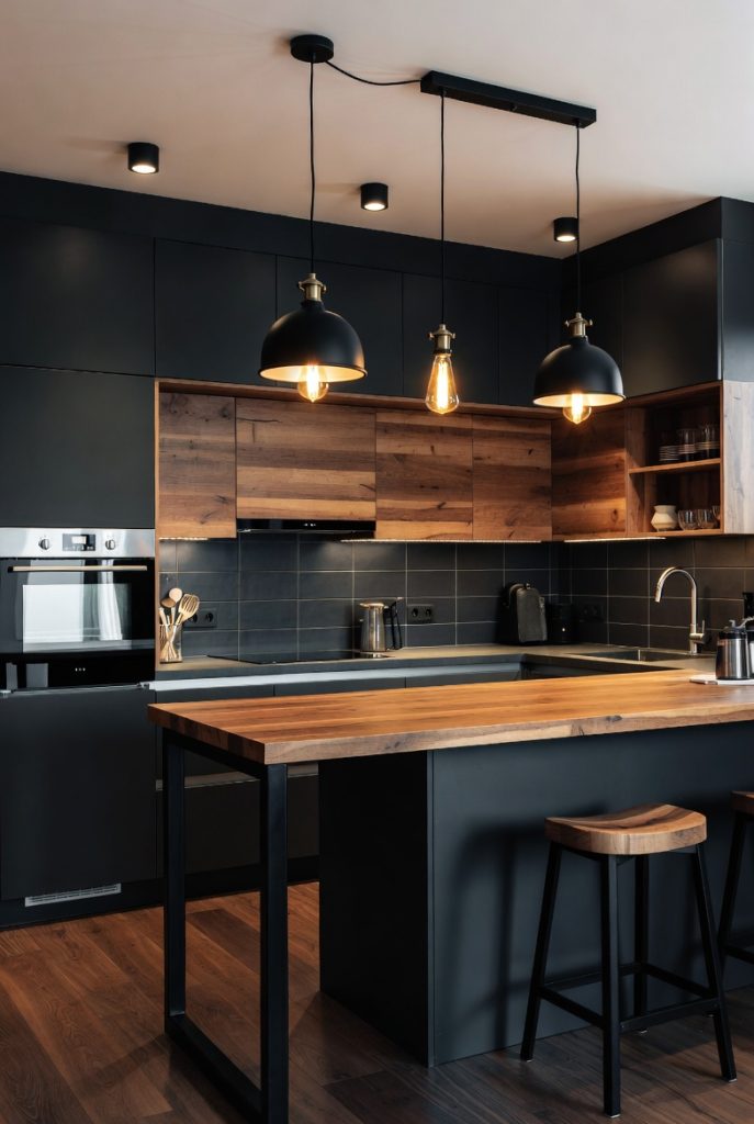 Nowoczesna kuchnia czarna z drewnem 3